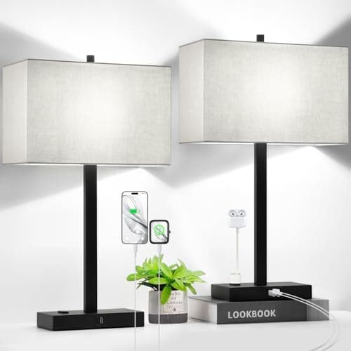 21" Touch Bedside lamps with 2 USB & AC Outlets, 3-Way Dimmable Bedside Table Lamps Set of 2 for Bedroom Living Room Office Reading, Gray Shade Lamps for Night Stands, 5000K LED Bulbs Included - Image 1