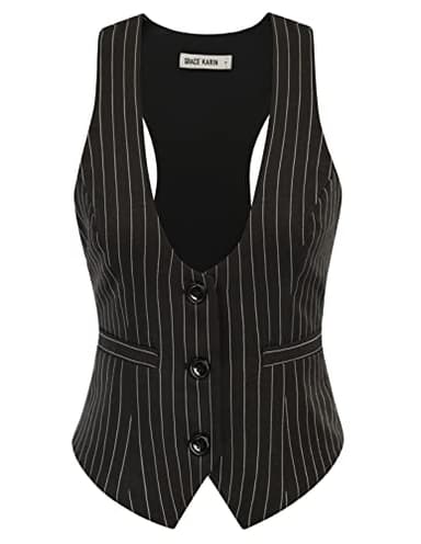 GRACE KARIN Black Vest for Women Blazer Vintage Pinstripe Vest Suit Jackets - Image 1