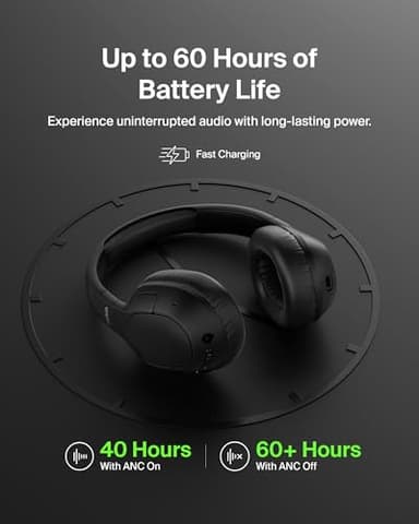 Belkin SoundForm Isolate Bluetooth Over-Ear Headphones - Hybrid Active Noise Cancelling Headphones - Wireless w/ 60H Playtime, Fast Charging & CloudCushion Ear Cups for Travel, Home, or Office - Black - Image 5
