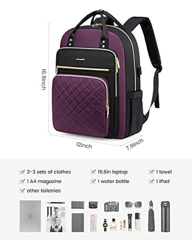 LOVEVOOK Laptop Backpack Purse for Women, 15.6" Laptop Bag for Travel with USB Port, Water Resistant Lightweight Daypacks for College Work Business, Nurse Teacher Computer Bags, Purple Black - Image 2