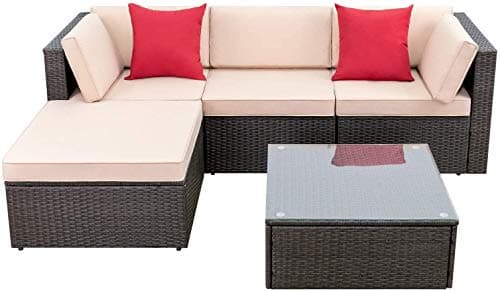 Devoko 5 Pieces Patio Furniture Sets All Weather Outdoor Sectional Patio Sofa Manual Weaving Wicker Rattan Patio Seating Sofas with Cushion and Glass Table(Beige) - Image 1