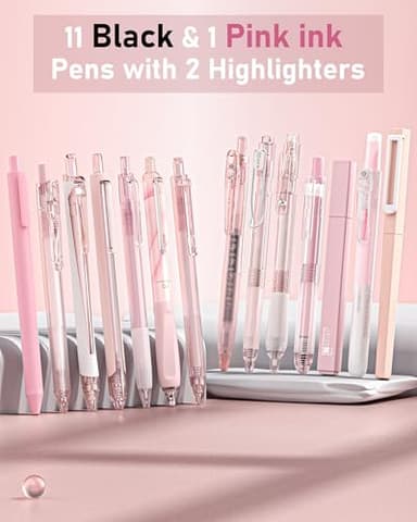 Four Candies 14Pack Pastel Gel Ink Pen Set,Cute Retractable 0.5mm Fine Point Pen,Note Taking Aesthetic Pens,12 Pack Black Ink Pens with 2Pack Highlighter, Smooth Writing Pens for School, Office (Pink) - Image 3