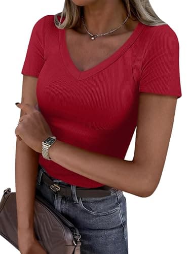 ANRABESS Women Short Sleeve V Neck Ribbed Knit Fitted Shirts Basic Tees Tops 2025 Summer Casual T-Shirts Going Out Outfits Red Large - Image 1