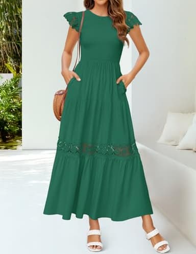 ZESICA Women's Casual Crew Neck Flutter Sleeve Smocked High Waist Hollow Out Lace Trim Tiered A Line Midi Dress,ForestGreen,Small - Image 3