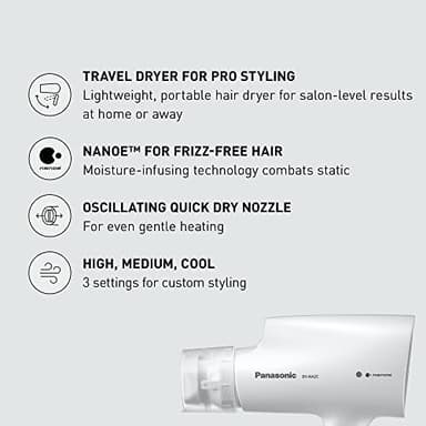 Panasonic nanoe Compact Hair Dryer with Oscillating Quick Dry Nozzle for Healthier-Looking Hair, Folding Blow Dryer for Travel and Home, 3 Airflow Hairdryer Settings - EH-NA2C-W (White) - Image 3
