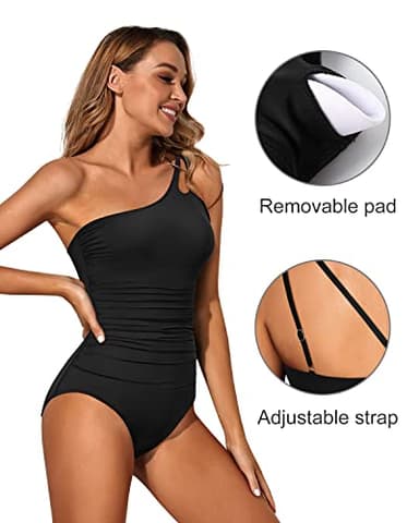 Holipick One Shoulder One Piece Swimsuit for Women Tummy Control Bathing Suits Modest Full Coverage Keyhole Swimwear Black - Image 2