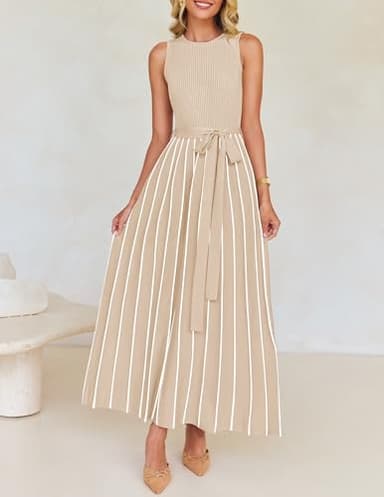 ZESICA Women's Summer Spring Midi Dress 2025 Sleeveless Ribbed Knit Tie Waist Casual A Line Sweater Dresses,Apricot,Small - Image 2