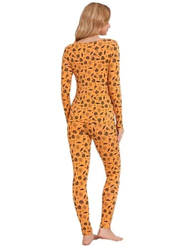 GYS Bamboo Viscose Long Johns Sets Halloween Thermal Underwear for Women Lightweight Base Layer Snug fit Pajamas Set, Orange Halloween, Large - Image 3