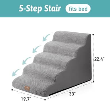 COZY KISS Wide Dog Stairs 19.7" Width, Pet Step for Small/Medium/Large Dog, Puppy or Cat, Pet Ramp for High Bed or Car, High Density Foam Ladder, 19.7x33x22.4 in, Stable, 5 Step, Grey - Image 6