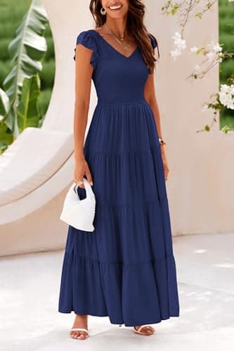 PRETTYGARDEN Women's Summer Flowy Maxi Dress Casual Cap Sleeve V Neck Smocked Beach Sundress (Solid Navy,Medium) - Image 8