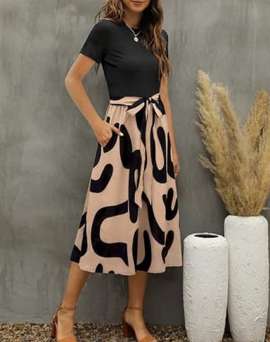 Zattcas Women 2025 Summer Dresses Short Sleeve Ribbed Teacher Church Modest Business Casual Work Outfits Midi Dress with Pockets Blackcc S - Image 2
