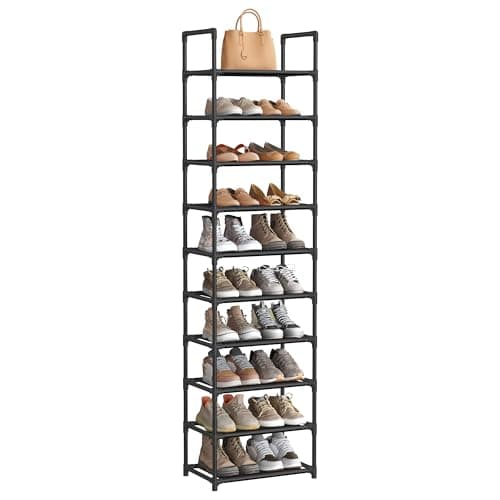 SONGMICS Shoe Rack, 10 Tier Shoe Shelf, Shoe Storage Organizer, Space-Saving, 11 x 17.7 x 68.1 Inches, Metal Frame, Non-Woven Fabric Shelves, for Entryway, Bedroom, Black ULSH010B02 - Image 1