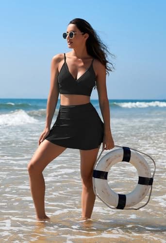 Pink Queen Women's High Waisted Bikini Set Two Piece Swimsuit V Neck Spaghetti Straps Swim Skirt Bathing Suit Black L - Image 2