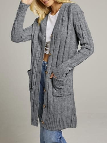 MEROKEETY Women's 2025 Long Sleeve Cardigan Sweater Fall Winter Cable Knit Open Front Button Long Outerwear, Charcoal, L - Image 2