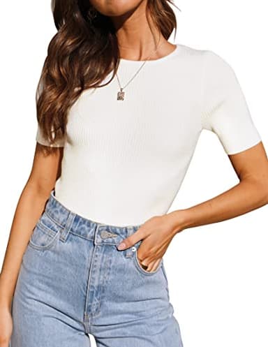 ZESICA Women's Short Sleeve Sweater Tops 2025 Summer Crewneck T Shirt Ribbed Knit Slim Fit Basic Solid Color Tee,White,X-Large - Image 1