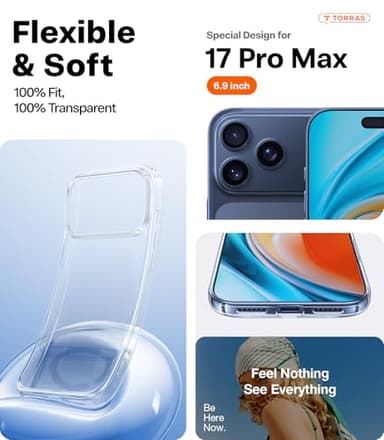 TORRAS Crystal Clear for iPhone 17 Pro Max Case, [Anti-Yellowing][Military-Grade Protection], Slim Transparent Anti-Scratch Back, Soft Bumper, Non-Slip Protective Phone Cover, Clear 6.9" - Image 6