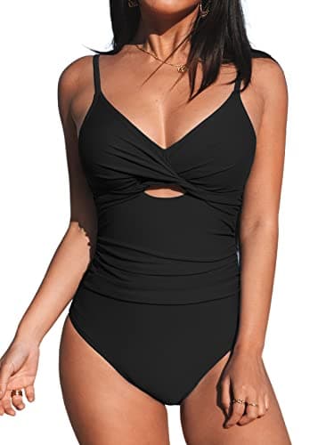 CUPSHE One Piece Swimsuit for Women Bathing Suits Twist Front Cutout Adjustable Straps Ruched Swimwear L, Black - Image 1