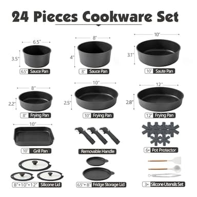SENSARTE 24 Piece Pots and Pans Set, Nonstick Detachable Handle Cookware, Induction Kitchen Cookware Set with Removable Handle, Healthy Non Stick for RV, Dishwasher＆Oven Safe (Black) - Image 2