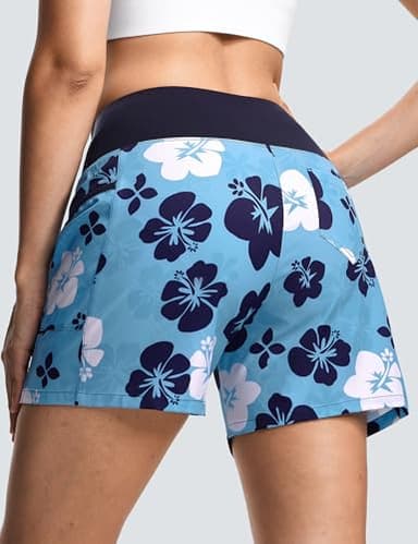 ISEEGZ Women's 5"/9" High Waisted Swim Board Shorts Quick Dry UPF 50+ Womens Swim Trunk Bottoms with Liner Zipper Pockets Blue Floral - Image 2