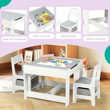 Kinder King Kids Wood Table & 2 Chairs Set, 3 in 1 Children Activity Table w/Storage, Removable Tabletop, Blackboard, 3-Piece Toddler Furniture Set for Art, Crafts, Drawing, Reading, Playroom, Grey - Image 6