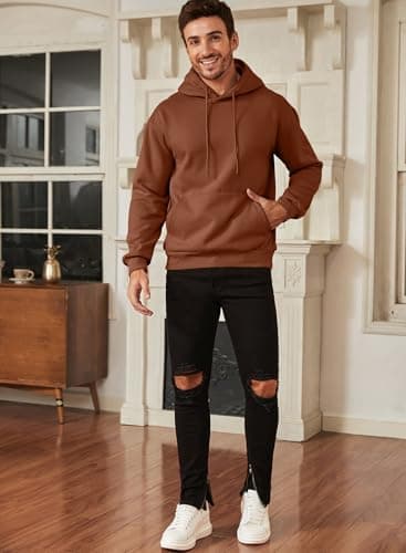 JMIERR Fall Sweatshirts for Mens Comfy Simple Plain Drawstring Hoodies Collar Fleece Long Sleeve with Pockets Hooded Pullovers Casual Loose Fit Shirts Cotton Sweater, US43(L), Chestnut - Image 3