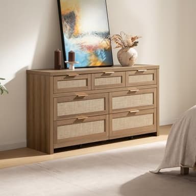 SICOTAS 7 Drawer Dresser for Bedroom, 57" Wide Rattan Dressers, Large Chest of Drawers for Bedroom, Dresser TV Stand, Boho Closet Organizer (Reclaimed Caramel Oak, 7 Drawers (1 pc)) - Image 5