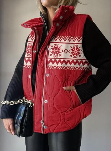 EVALESS Womens Fashion Cropped Christmas Puffer Vest Fall 2025 Lightweight Quilted Stand Collar Sleeveless Button Down Jackets Winter Warm Coat Outerwear Gilet with Pockets Red X-Large - Image 3