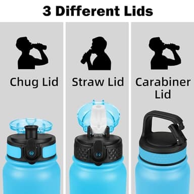 OLDLEY Insulated Water Bottle 20oz Water Bottles with Straw, Stainless Steel Water Bottle with 3 Lids, Double Wall Vacuum Bottles for Adult Kids, Sports Bottles for School Travel,Blue - Image 2