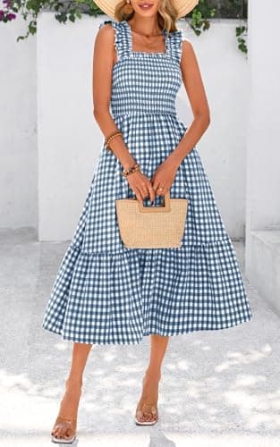 PRETTYGARDEN Women's Summer Dress Casual Square Neck Ruffle Strap Gingham Smocked Midi Flowy A Line Beach Vacation Sun Dresses 2025 (Dark Blue, XXL) - Image 5