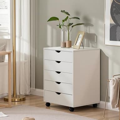 OLIXIS 5 Drawer Mobile File Cabinet Under Desk Storage Organization with Wheels Vertical Filing Chest Rolling Wood Small Desk Printer Stand for Home Office, 15.75"D x 18.74"W x 25.39"H, White - Image 8