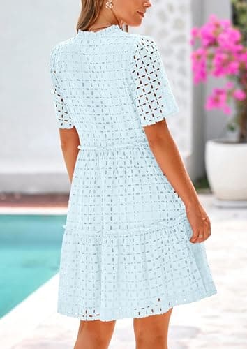 PRETTYGARDEN Eyelet Dresses for Women 2025 Summer Short Sleeve V Neck Hollow Out Ruffle A Line Boho Beach Vacation Mini Dress (Light Blue,Large) - Image 2