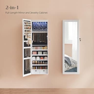 SONGMICS 6 LEDs Mirror Jewelry Cabinet, 47.2-Inch Tall Lockable Wall or Door Mounted Jewelry Armoire Organizer with Mirror, 2 Drawers, 3.9 x 14.6 x 47.2 Inches, White UJJC93W - Image 3