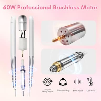 Makartt Nail Drill Professional: 60W 35000RPM Electric Nail File with Coreless Motor, 2 in 1 Desktop & Portable, Drill Bits and LCD Display for Acrylic Gel Nails, Nouvella Pink - Image 2