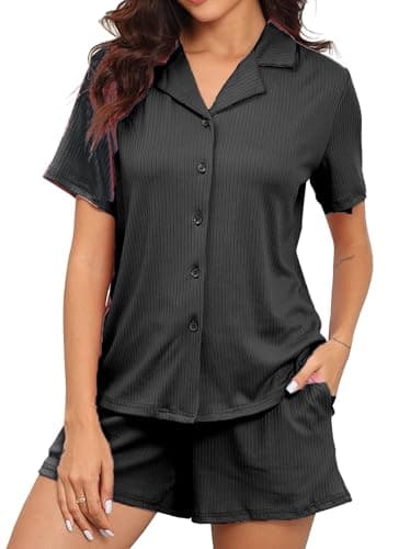 BEKOFO Women Ribbed Knit Pajamas Button Down Lounge Set 2 Pieces Pj Sets Loungewear Black M - Image 1