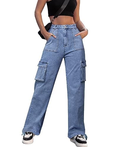 ZMPSIISA Women High Waisted Cargo Jeans Pants Wide Leg Casual Denim 6 Pockets Combat Military Trousers(Denim Blue,Large) - Image 1