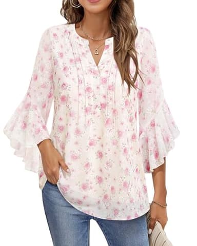 Timeson Womens V Neck Tops: Office Work - Ladies Blouses and Tops Dressy - Womens Casual Shirts 3/4 Sleeve Women's Business Attire Fancy Chiffon Tunic Pretty Polyester Peasant Wedding Wear Red Rose XL - Image 3