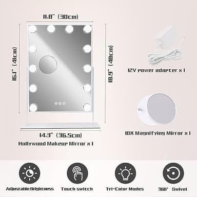 COOLJEEN Makeup Mirror Vanity Mirror with Lights - 12 Led Bulbs Lighted Hollywood Mirror, 10X Magnification,3 Color Modes, Touch Control, Women Gift (White) - Image 2