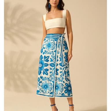 Talakeno Womens Floral Wrap Midi Skirt Summer Adjustable Tie Side Casual High Waist A Line Beach Boho Long Flared Skirts(Blue,M) - Image 2