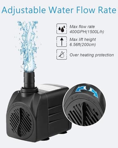 SongLong Submersible Pump 400GPH (1500L 25W) Ultra Quiet with Over Heating Protection 6.5ft High Lift for Fountains, Hydroponics, Ponds, Aquariums & More…… - Image 2