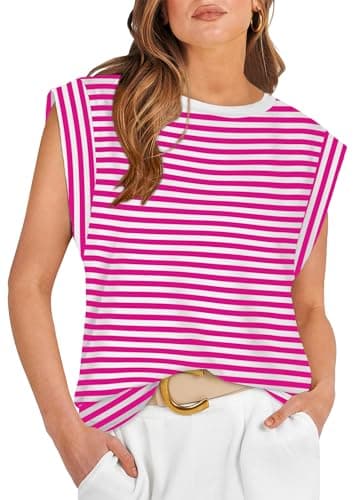 Cute Top for Women Summer Tops 2025 Casual Womens Tank Top Loose Fit Trendy 2025 Work Business Going Out Flowy T Shirts Cap Sleeve Sleeveless Basic Tee Tshirts Clothes Fuchsia Striped L - Image 1
