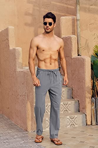 Gafeng Mens Linen Pants Yoga Beach Loose Fit Casual Summer Elastic Waist Drawstring Baggy Trousers with Pockets Gray - Image 2