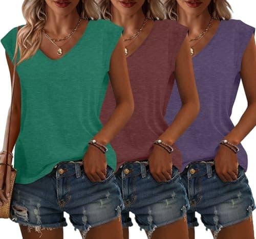 Bliwov 3 Pack Womens Cap Sleeve Tops V Neck T Shirts Summer Fall Outfits Plus Size Beach Vacation Fashion Tee Workout Clothes - Image 1
