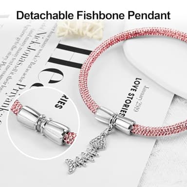 Rhinestone Cat Collar, Sparkly Necklace for Girl Cats, Detachable Diamond Glitter Collar with a Fish Pendant Accessory, Collars Diameter 3.76 inch, for Princess Kitty(Light Pink, 30) - Image 4