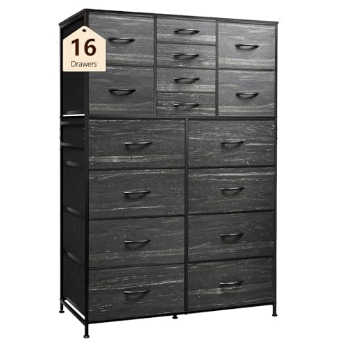 WLIVE 16 Drawers Dresser, Large Dresser for Bedroom, Closet, Hallway, Storage Dressers Organizer Unit, Chests of Drawers with Fabric Bins, Charcoal Black Wood Grain Print - Image 1