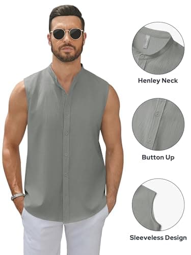 hawalili Men's Button Down Sleeveless Shirts Summer Beach Tank Tops Casual Textured Tank T-Shirt Dark Gray - Image 5