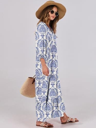 ANRABESS Womens Boho Maxi Dresses 2026 Summer V Neck Puff Sleeve Floral Flowy Swing Fall Casual Long Dress - Image 5