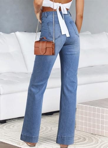 Astylish Women's Patch Pocket Jean Pants High Waist Button Bootcut Trousers Wide Leg Stretchy Vintage Denim Jeans with Front Pockets Size 6 Ashleigh Blue - Image 2