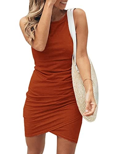 BTFBM Women 2025 Summer Sleeveless Tank Dresses Crew Neck Slim Fit Short Casual Ruched Bodycon Party Club Mini Dress(Red Khaki, Medium) - Image 1