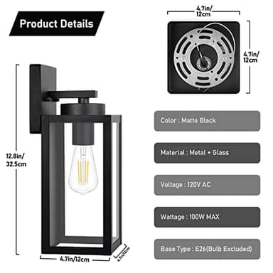 Outdoor Wall Light Fixtures, Exterior Waterproof Wall Lanterns, Porch Sconces Lighting with E26 Sockets & Glass Shades, Modern Matte Black Outside Lights for Patio Front Door Entryway Garage, 2-Pack - Image 7