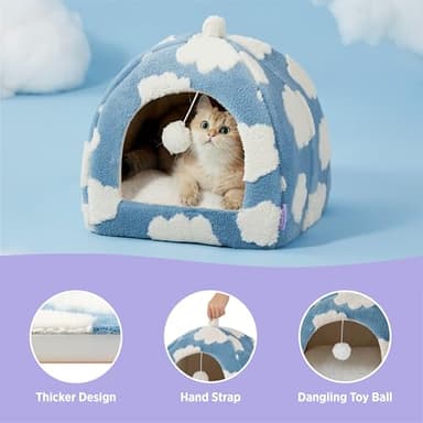 Lesure Cute Cat Beds for Indoor Cats - 2 in 1 Cat Cave Bed for Kittens and Small Pets with Removable Washable Cushioned Pillow, Cozy Kitten Tent with Non-Slip Bottom, Blue, 16 inches - Image 5